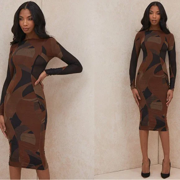 House of CB 'Cassidy' Brown Mesh Printed Long Sleeve Midi Dress NWOT - Picture 4 of 16